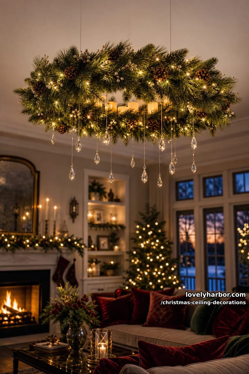 11 Christmas Ceiling Decorations That Put the Overlooked Surface to Work 15 hang a greenery wreath where the chandelier used to be 14