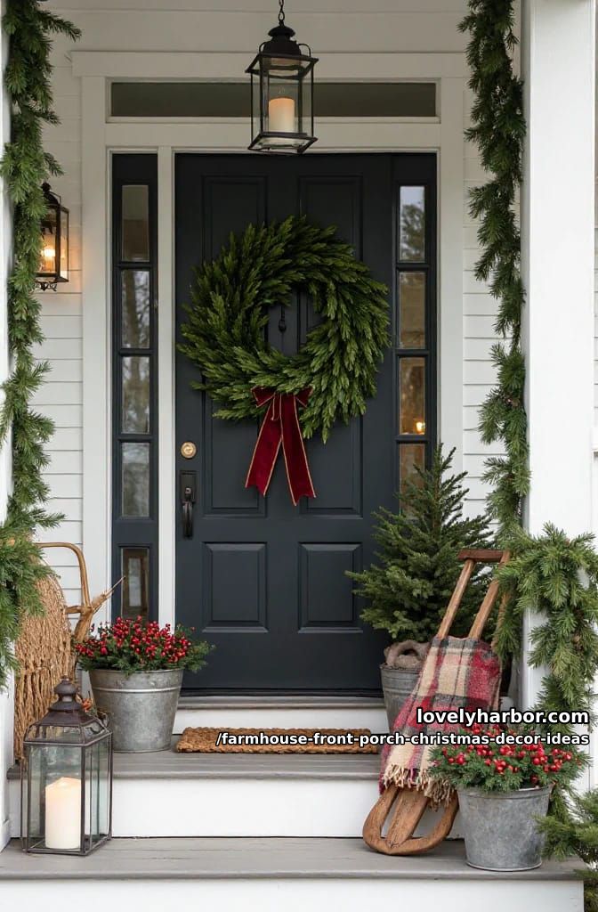 Farmhouse Front Porch Christmas Decor Ideas That Read Warm, Not Staged 5 hang one oversized red wreath, not three medium ones 1