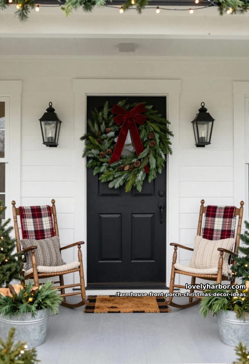 Farmhouse Front Porch Christmas Decor Ideas That Read Warm, Not Staged 6 hang one oversized red wreath, not three medium ones 1