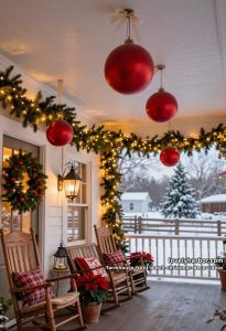 Farmhouse Front Porch Christmas Decor Ideas That Read Warm, Not Staged 1 hang oversized ornaments from the porch ceiling 20