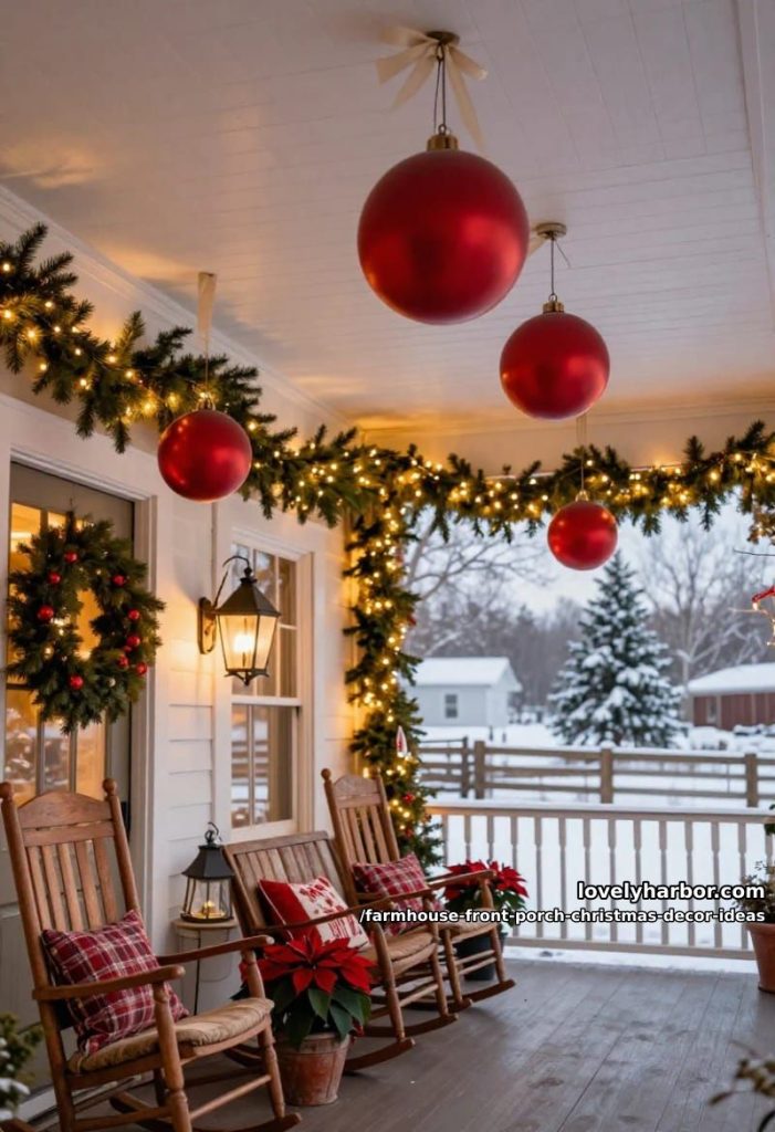 hang oversized ornaments from the porch ceiling 20