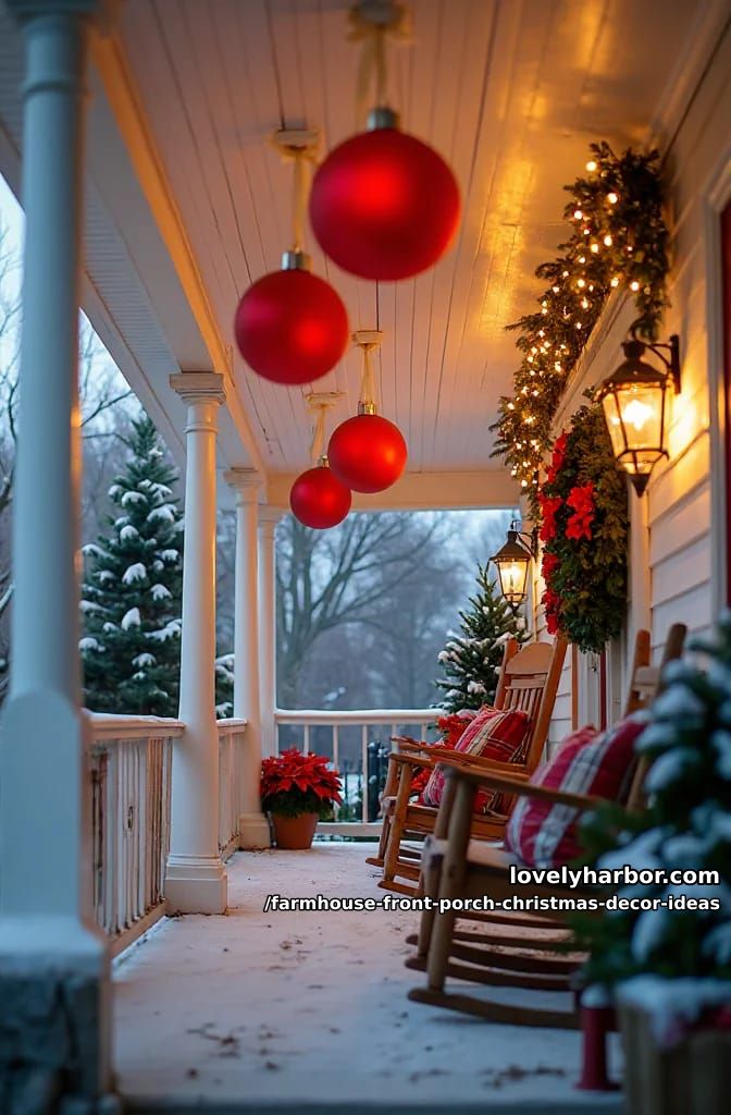 Farmhouse Front Porch Christmas Decor Ideas That Read Warm, Not Staged 22 hang oversized ornaments from the porch ceiling 1