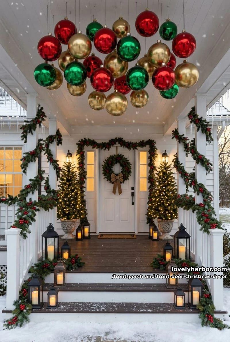 Front Porch and Front Door Christmas Decor: 11 Ideas That Read in Daylight, Not Just at Night 5 hang oversized shatterproof ornaments in the greenery, not just on the door 4