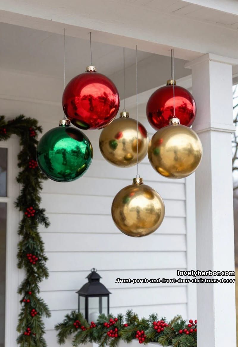 Front Porch and Front Door Christmas Decor: 11 Ideas That Read in Daylight, Not Just at Night 6 hang oversized shatterproof ornaments in the greenery, not just on the door 5