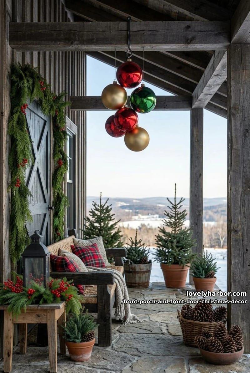 Front Porch and Front Door Christmas Decor: 11 Ideas That Read in Daylight, Not Just at Night 7 hang oversized shatterproof ornaments in the greenery, not just on the door 6