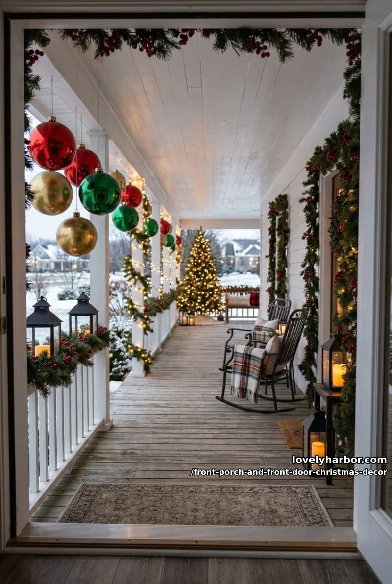 Front Porch and Front Door Christmas Decor: 11 Ideas That Read in Daylight, Not Just at Night 8 hang oversized shatterproof ornaments in the greenery, not just on the door 7