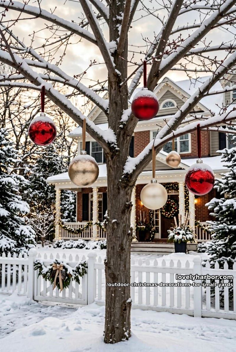 hang oversized shatterproof ornaments in your one bare tree 1