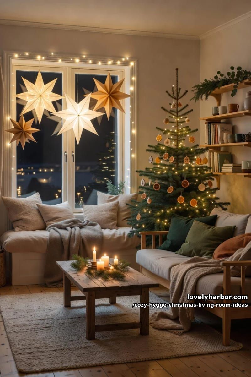 hang paper stars and warm-white string lights 1