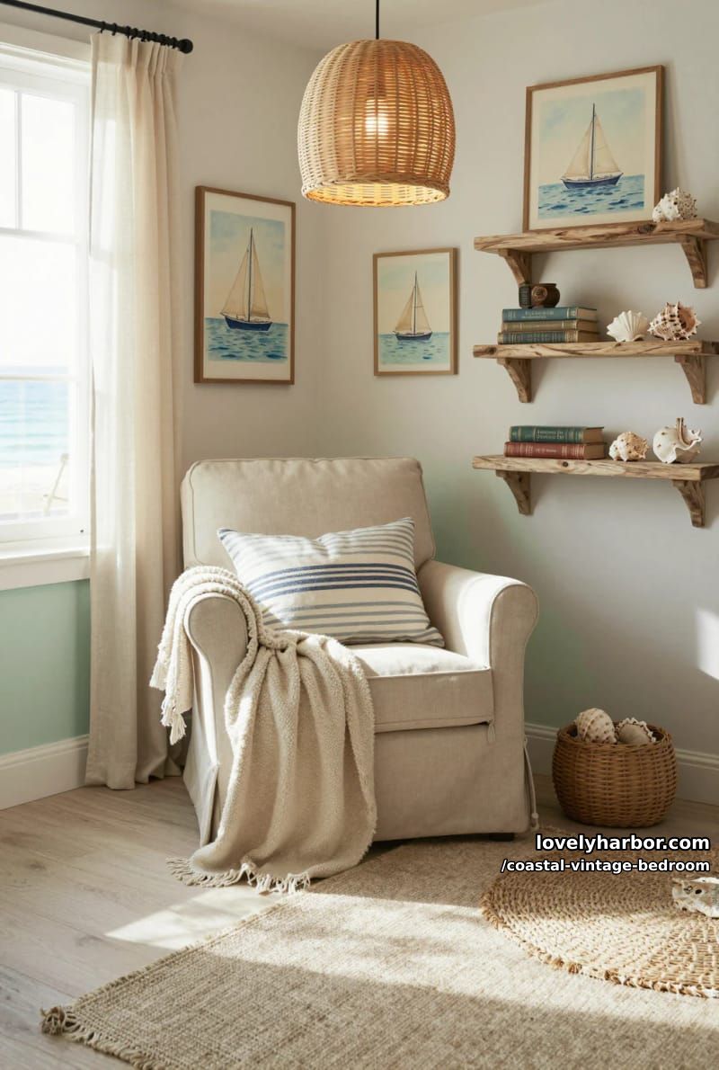 15 Coastal Vintage Bedrooms to Inspire Your Retreat 15 hanging rattan pendant light over cozy reading nook with sailboat art 1