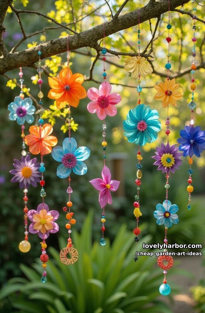 hanging upcycled yard art crafts from translucent materials and beads. 1