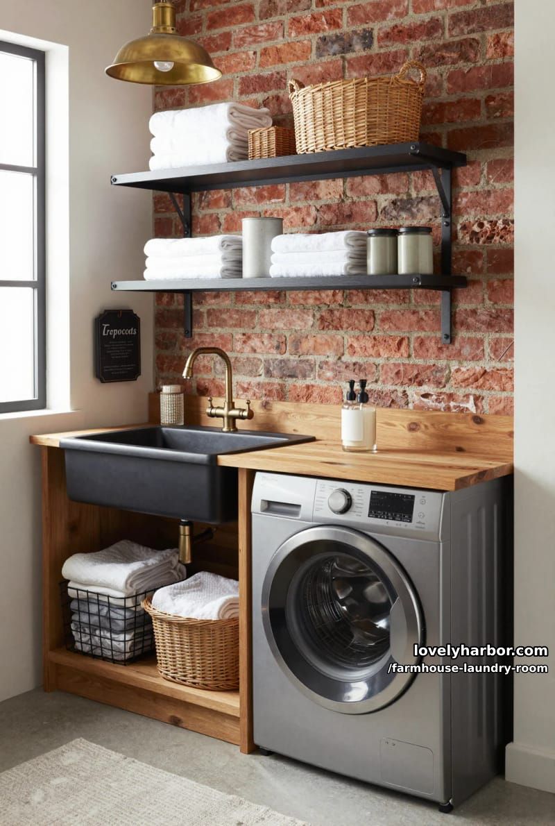 21 Farmhouse Laundry Rooms with Charming Designs 22 industrial farmhouse laundry with red brick wall, black sink, and open shelving. 1