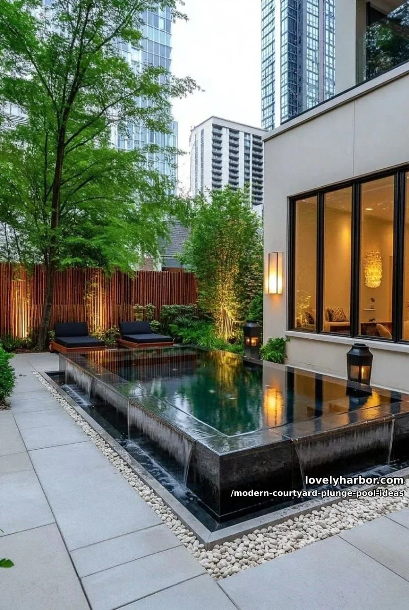 infinity-edge plunge pool spilling into a pebble-filled modern zen garden 1