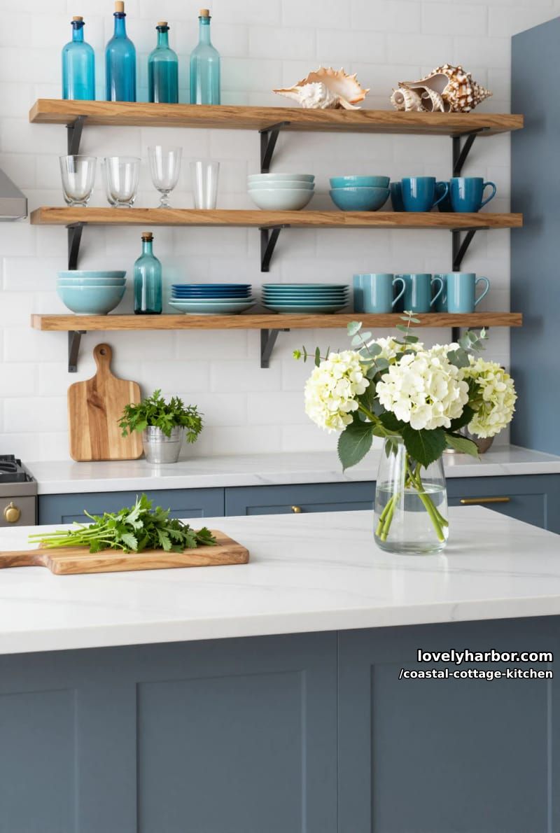 20 Coastal Cottage Kitchens With Worn-In Beach House Feel 20 kitchen with blue floating shelves, marble counters, and glassware. 1