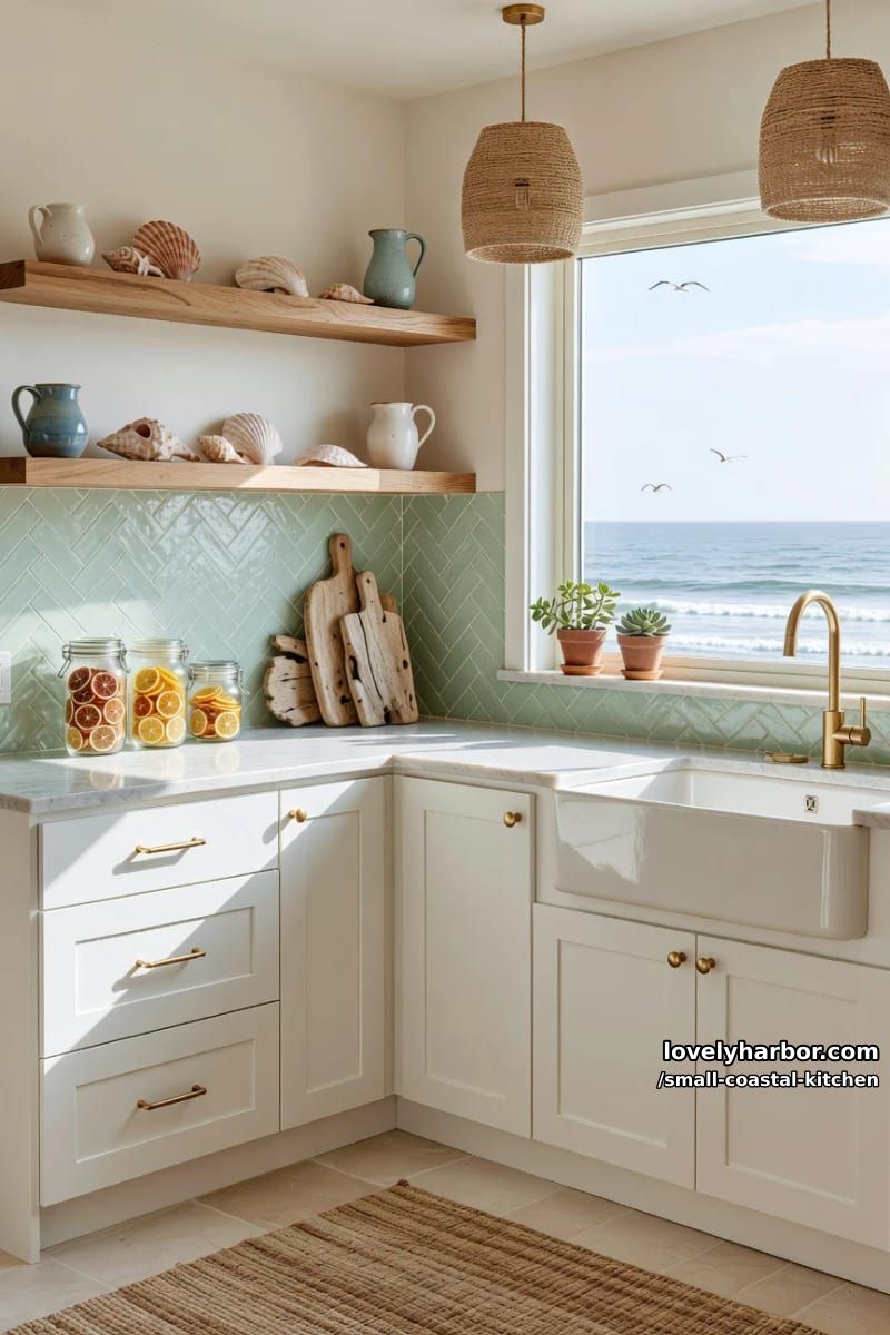 20 Small Coastal Kitchen Ideas for a Fresh, Breezy Look 5 l-shaped coastal kitchen, white cabinets, mint backsplash, brass hardware, ocean views 1