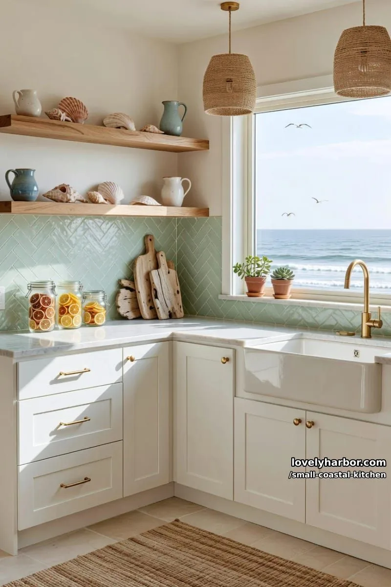 l-shaped coastal kitchen, white cabinets, mint backsplash, brass hardware, ocean views 1
