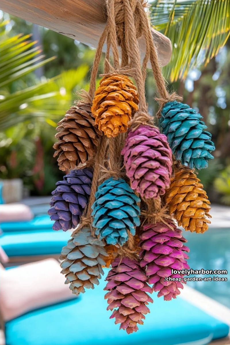24 Creative Garden Art Ideas for a Stylish Outdoor Space 43 large painted pine cones hanging on jute ropes for outdoor decor. 42
