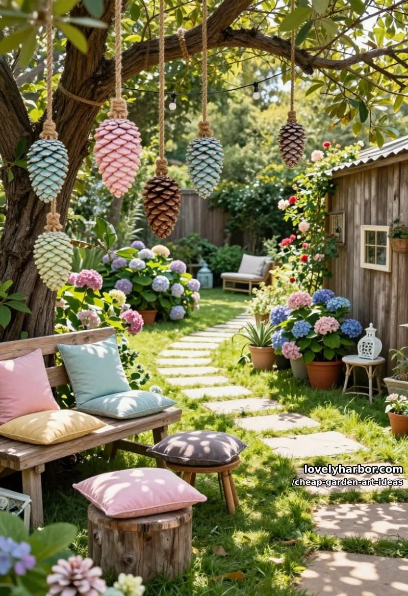 24 Creative Garden Art Ideas for a Stylish Outdoor Space 44 large painted pine cones hanging on jute ropes for outdoor decor. 43