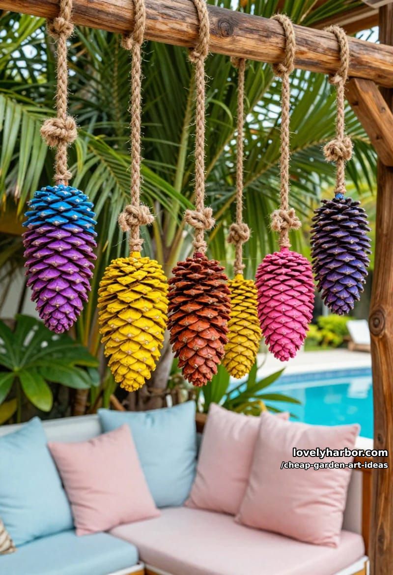 24 Creative Garden Art Ideas for a Stylish Outdoor Space 45 large painted pine cones hanging on jute ropes for outdoor decor. 44