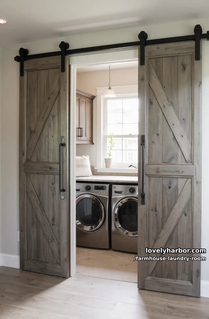 21 Farmhouse Laundry Rooms with Charming Designs 16 laundry room with sliding barn door, stainless appliances, and stone countertop. 1