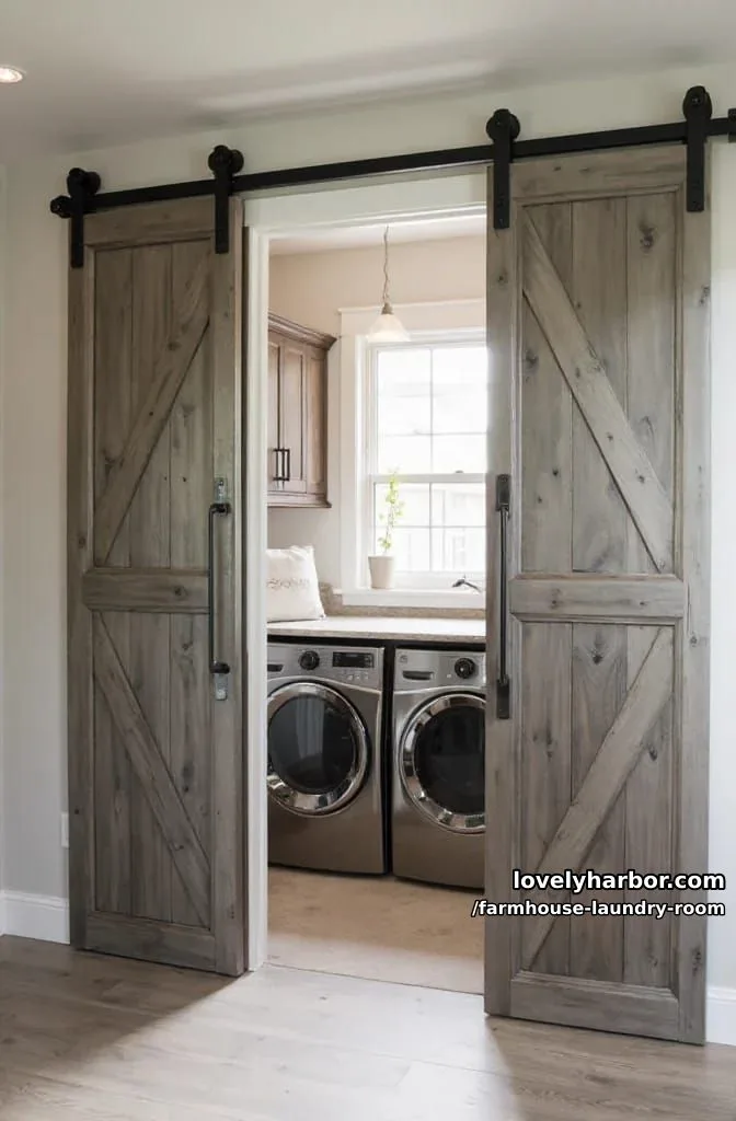 21 Farmhouse Laundry Rooms with Charming Designs 15 laundry room with sliding barn door, stainless appliances, and stone countertop. 1