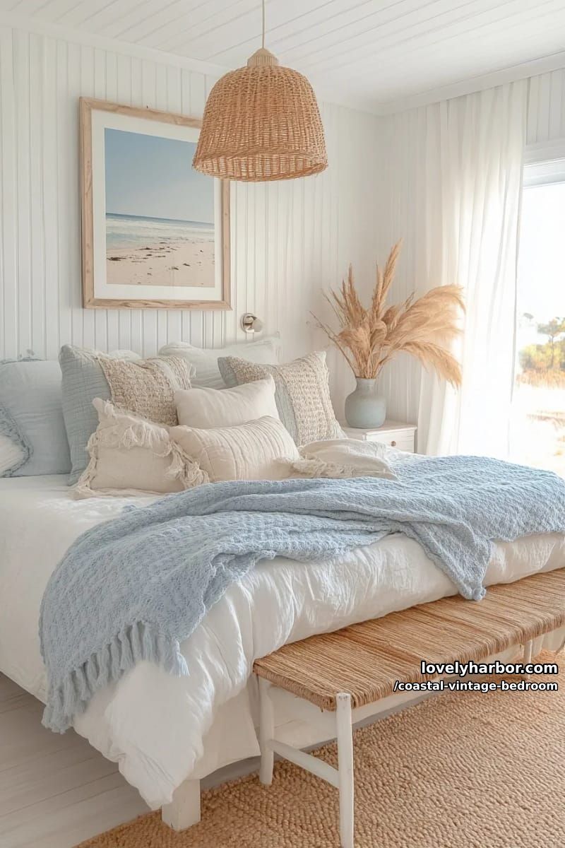 15 Coastal Vintage Bedrooms to Inspire Your Retreat 5 layered blue and cream linens with crochet throw and rattan bench 1