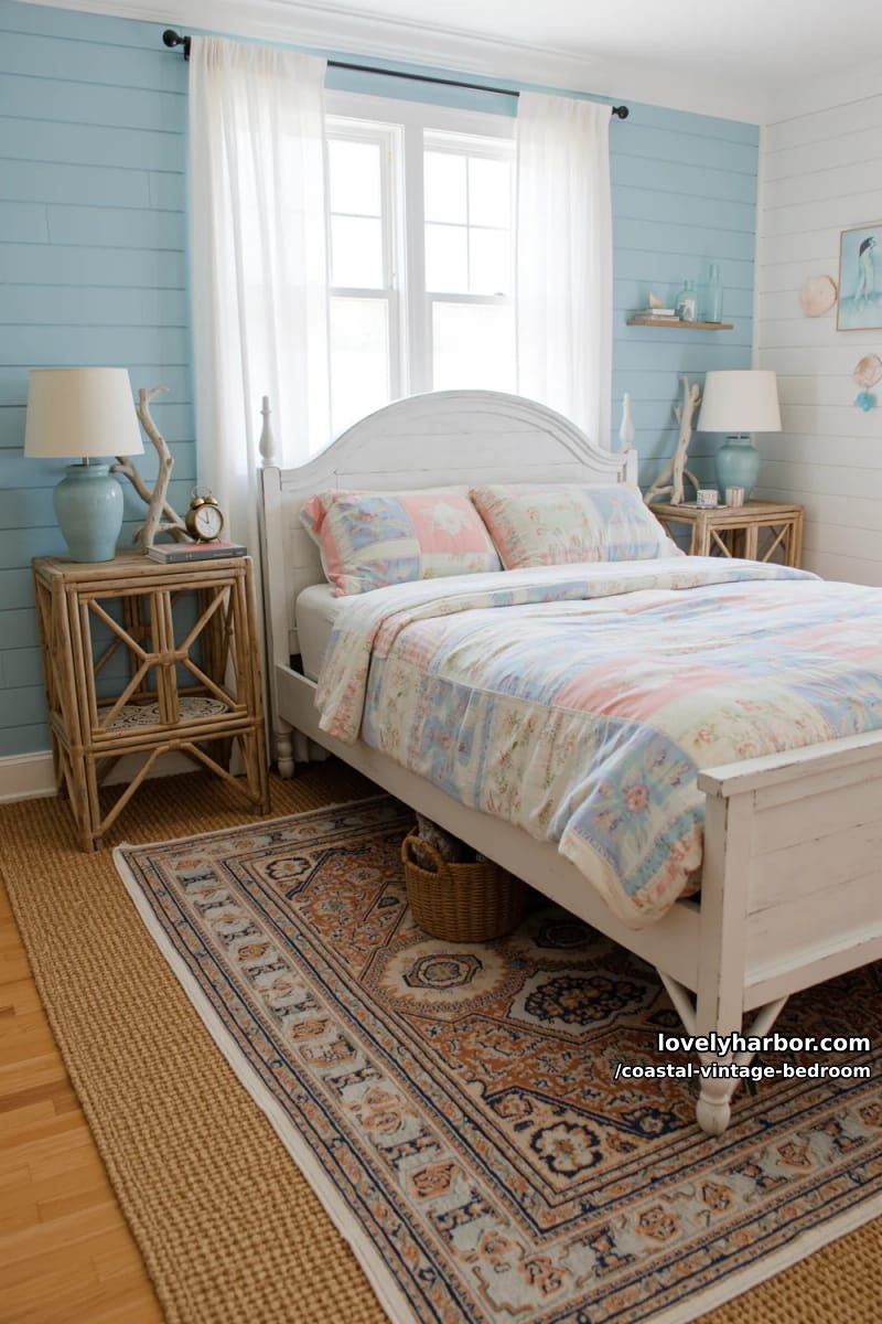 15 Coastal Vintage Bedrooms to Inspire Your Retreat 16 layered oriental rug and sisal mat beneath pastel patchwork bedding 1