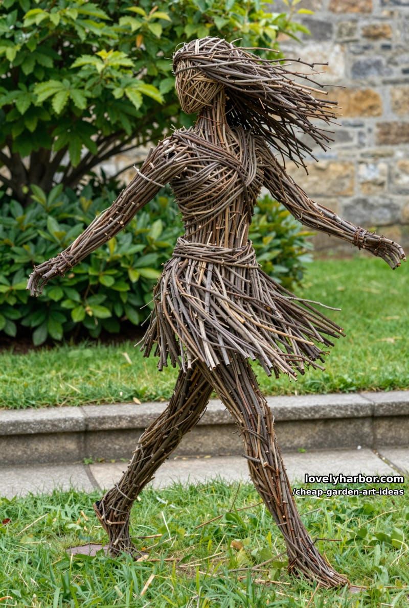 life-sized twig and branch humanoid sculpture in a natural garden setting. 1