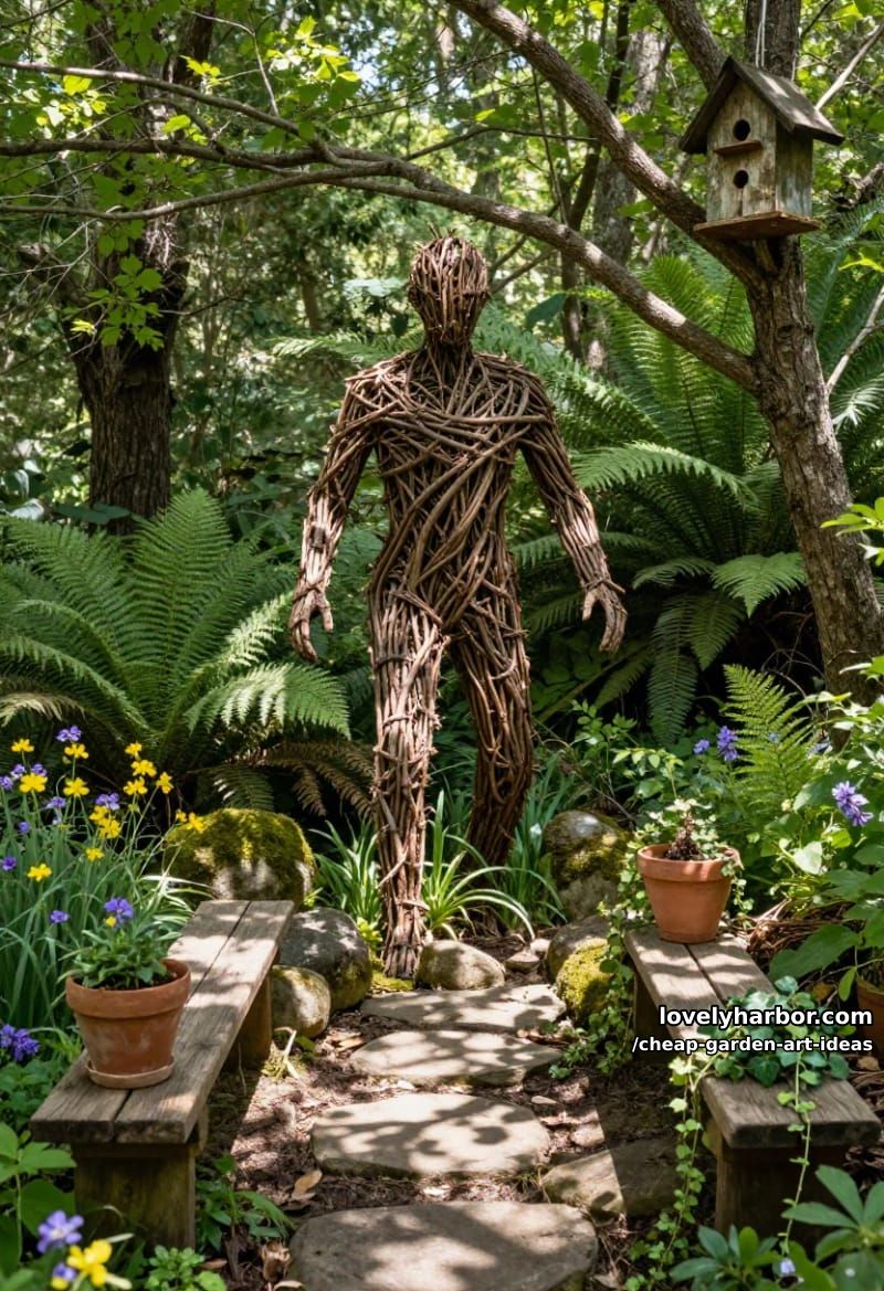 life-sized twig and branch humanoid sculpture in a natural garden setting. 1