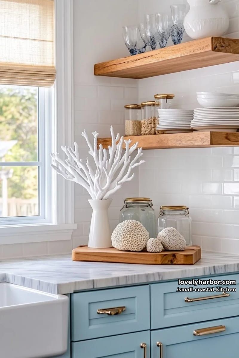 20 Small Coastal Kitchen Ideas for a Fresh, Breezy Look 22 light blue cabinets, marble countertop, open shelves, coral decor, gold hardware 1