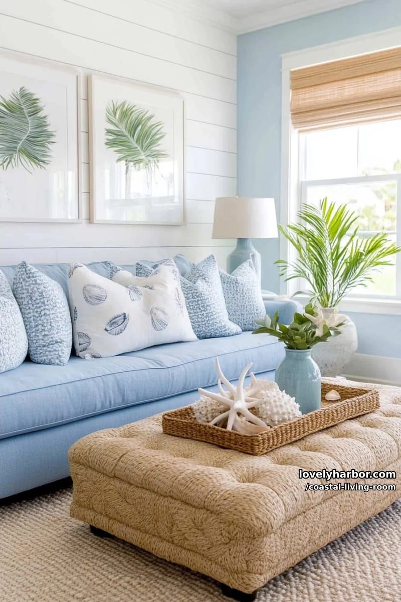 light blue sofa, tufted ottoman, and sea-themed decor in coastal living room. 1