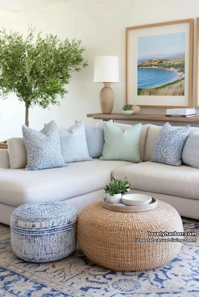 light-filled living room with beige sectional, woven ottoman, and pastel accents. 1