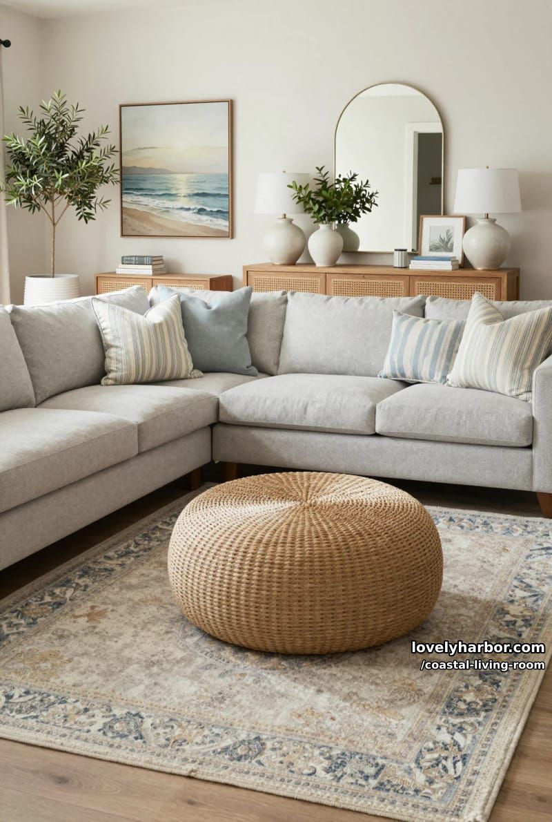 light gray sectional sofa with woven ottoman and vintage-style muted rug. 1