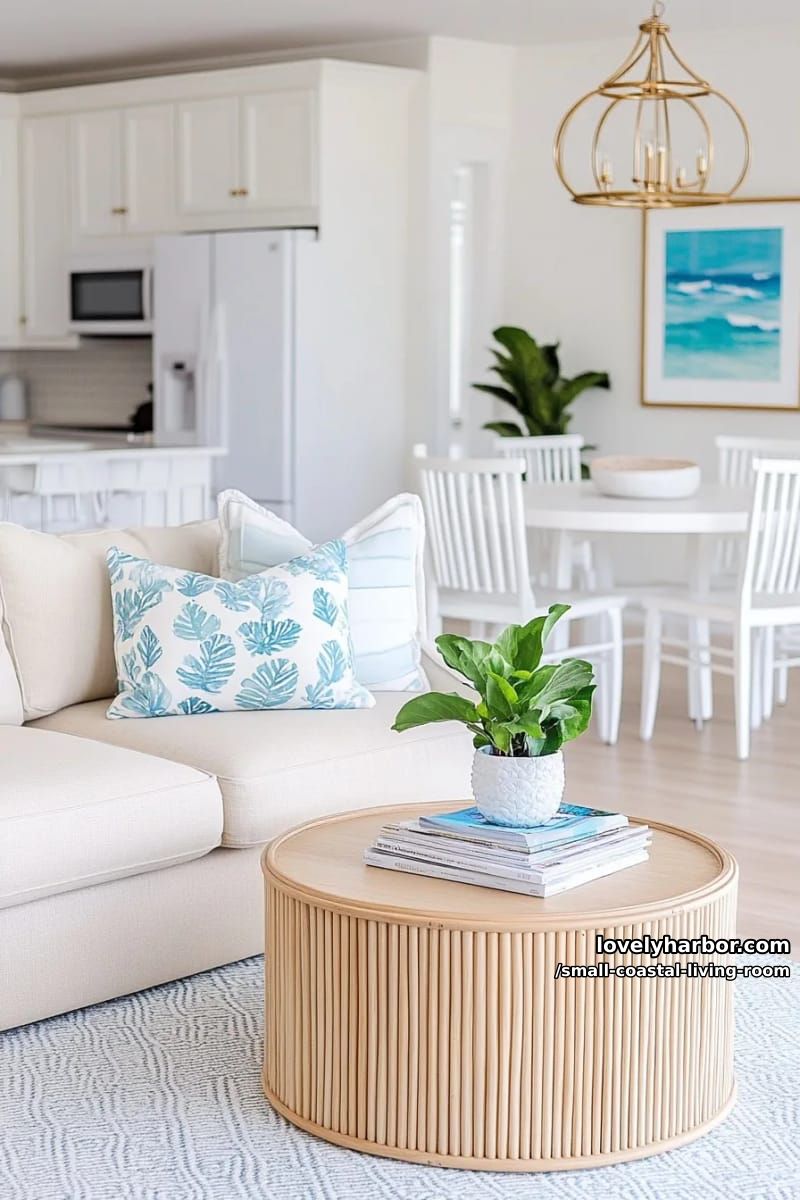 19 Small Coastal Living Room Ideas for Effortless Style 6 light living room and kitchen with beige sofa, blue accents, and ocean-inspired decor 1