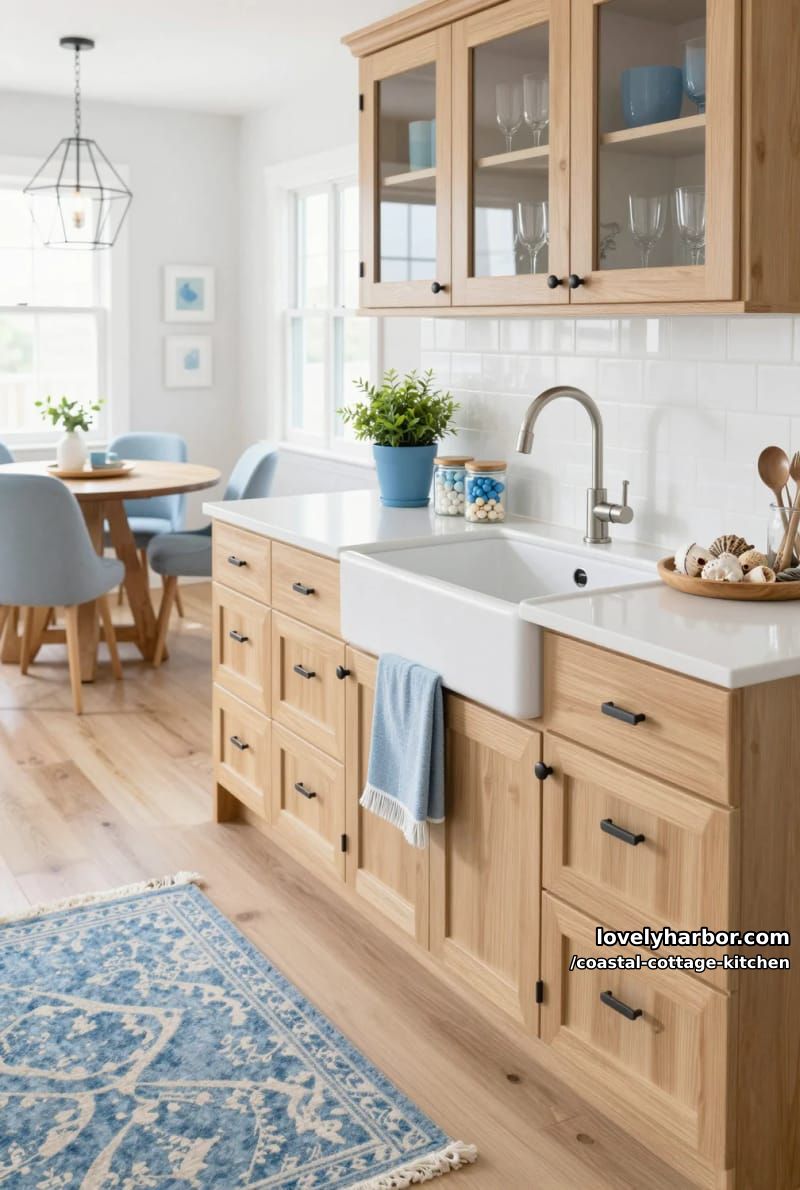 20 Coastal Cottage Kitchens With Worn-In Beach House Feel 16 light wood kitchen with blue accents, glass cabinets, and dining nook. 1
