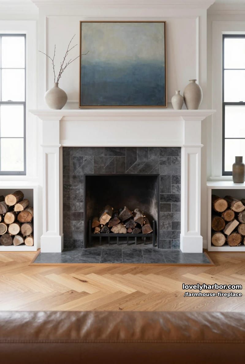 living room with black herringbone tile fireplace and white mantel. 1