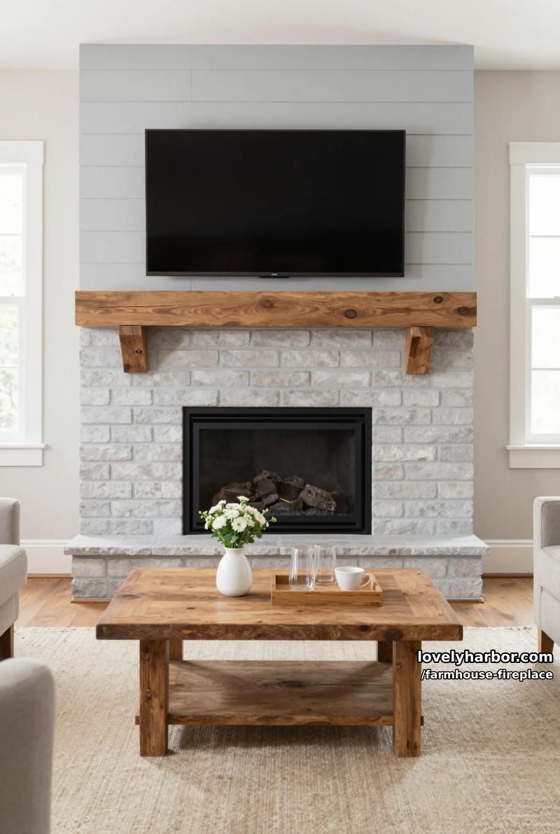 living room with gray shiplap accent wall and wood mantel fireplace. 1