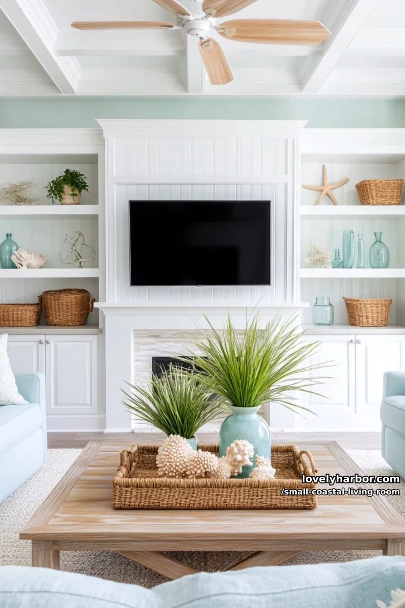 19 Small Coastal Living Room Ideas for Effortless Style 9 living room with seafoam green walls, blue sofas, rustic coffee table, and beach decor 1