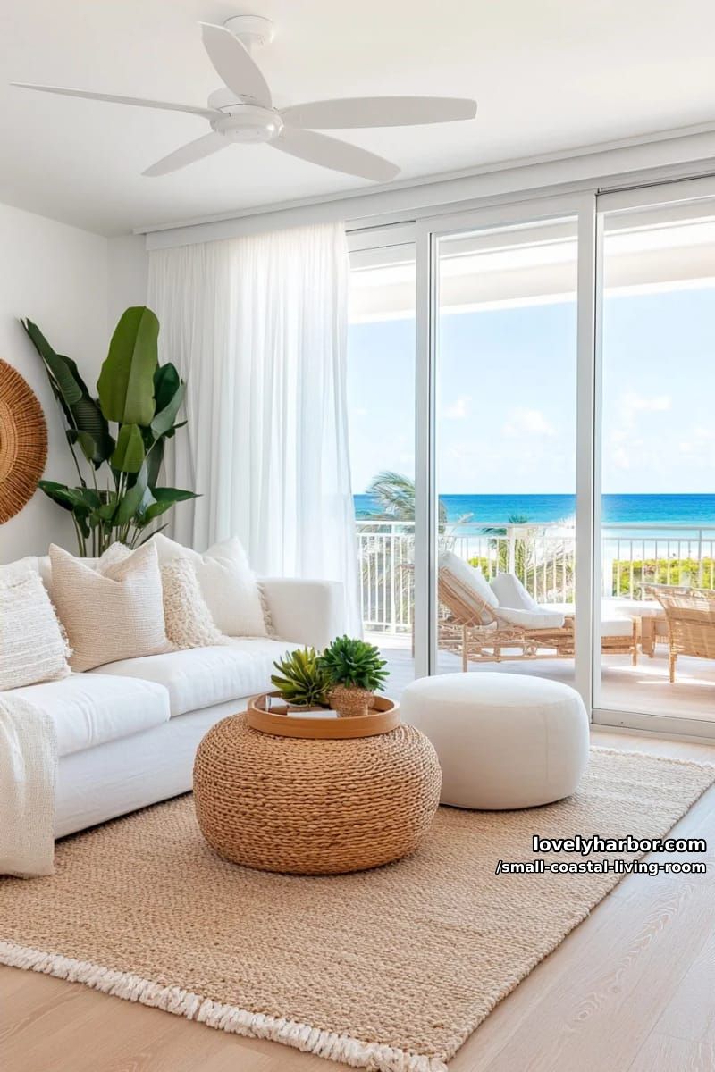 19 Small Coastal Living Room Ideas for Effortless Style 16 living room with sliding glass doors, white sofa, jute rug, and tropical plants 1