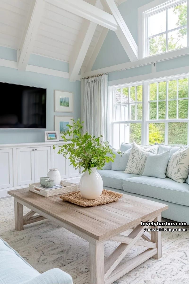 living room with vaulted ceilings, pastel blue walls, and built-in entertainment center. 1