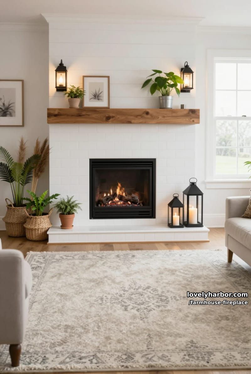 living room with white shiplap fireplace, rustic mantel, and lanterns. 1