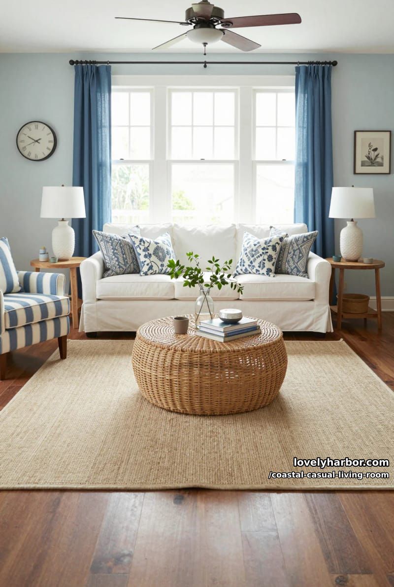 living room with white sofa, blue patterned pillows, and striped armchair. 1
