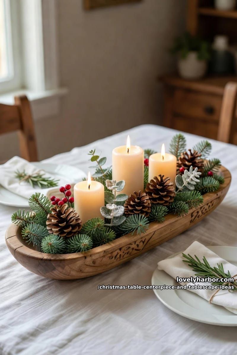 load a wooden dough bowl with pillars, pinecones, and pine 1