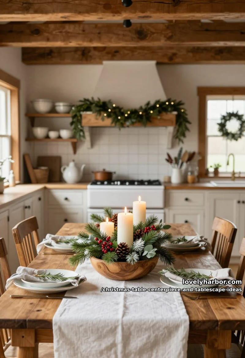 load a wooden dough bowl with pillars, pinecones, and pine 1