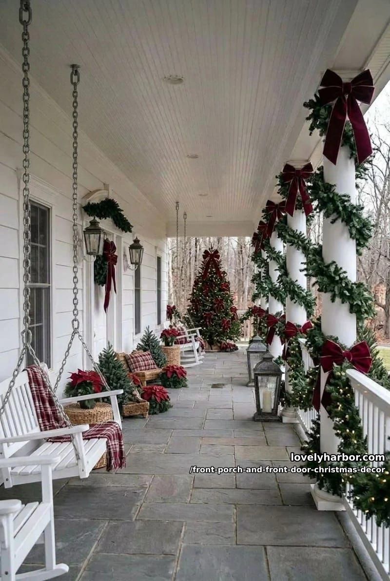 Front Porch and Front Door Christmas Decor: 11 Ideas That Read in Daylight, Not Just at Night 18 make one oversized velvet bow the focal point instead of scattering ten small ones 17