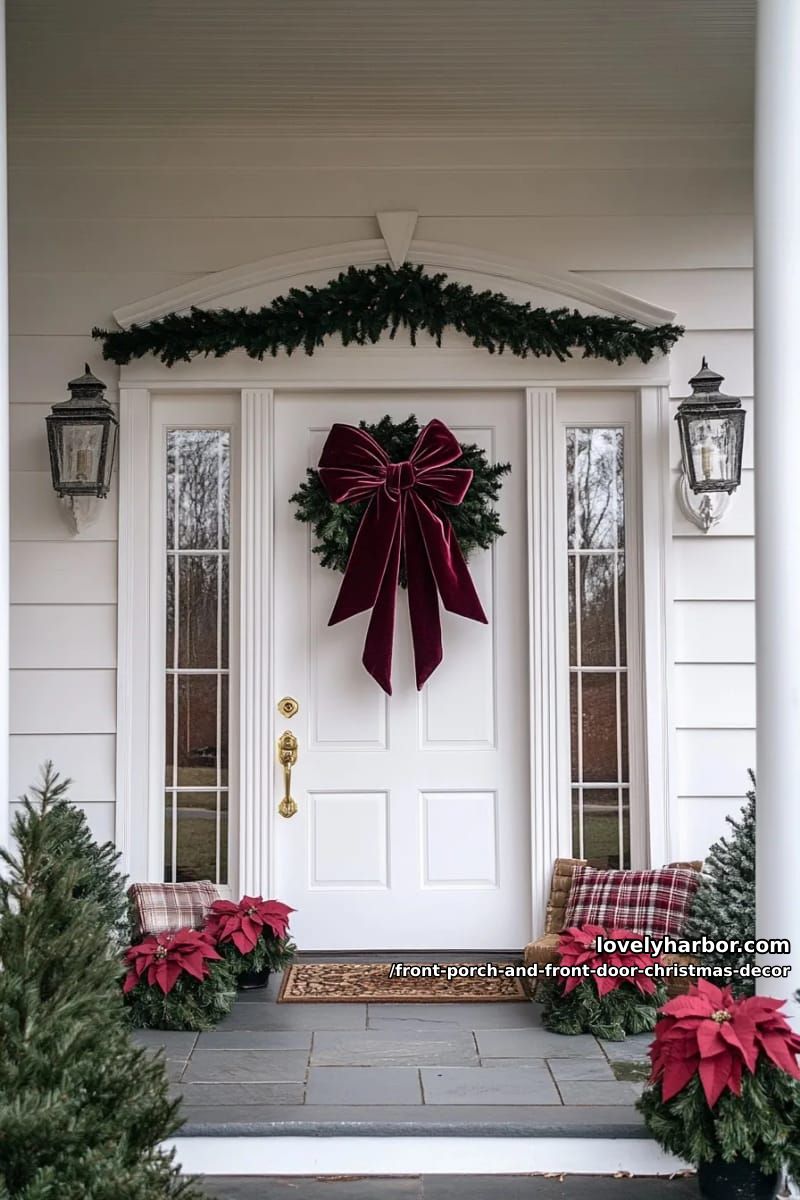 Front Porch and Front Door Christmas Decor: 11 Ideas That Read in Daylight, Not Just at Night 19 make one oversized velvet bow the focal point instead of scattering ten small ones 18