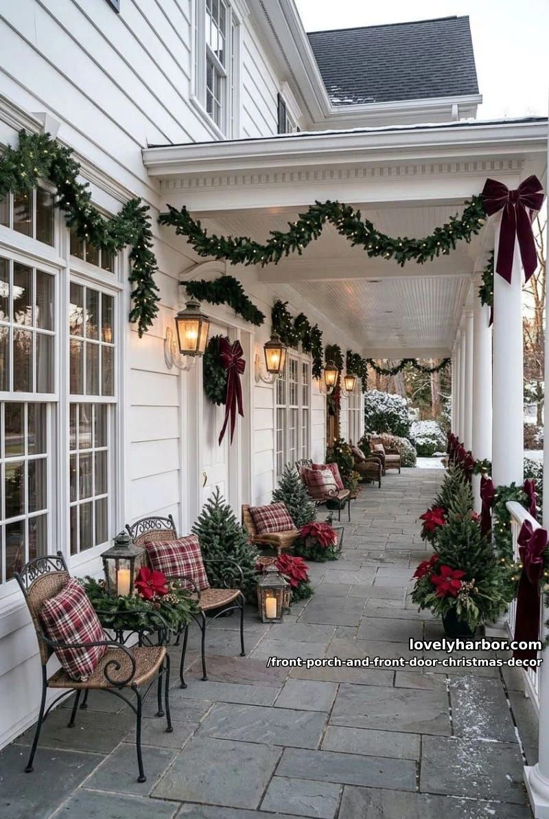 Front Porch and Front Door Christmas Decor: 11 Ideas That Read in Daylight, Not Just at Night 20 make one oversized velvet bow the focal point instead of scattering ten small ones 19