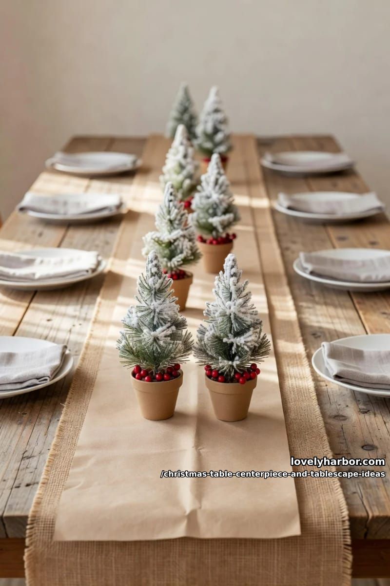 march a row of potted mini frosted trees down the table 1