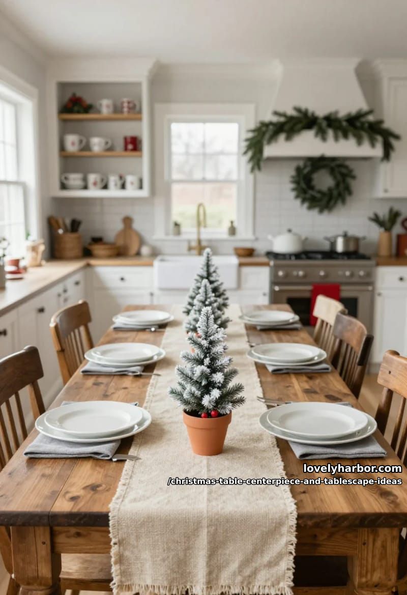 12 Christmas Table Centerpiece and Tablescape Ideas (and the One Rule That Makes Them Work) 20 march a row of potted mini frosted trees down the table 19