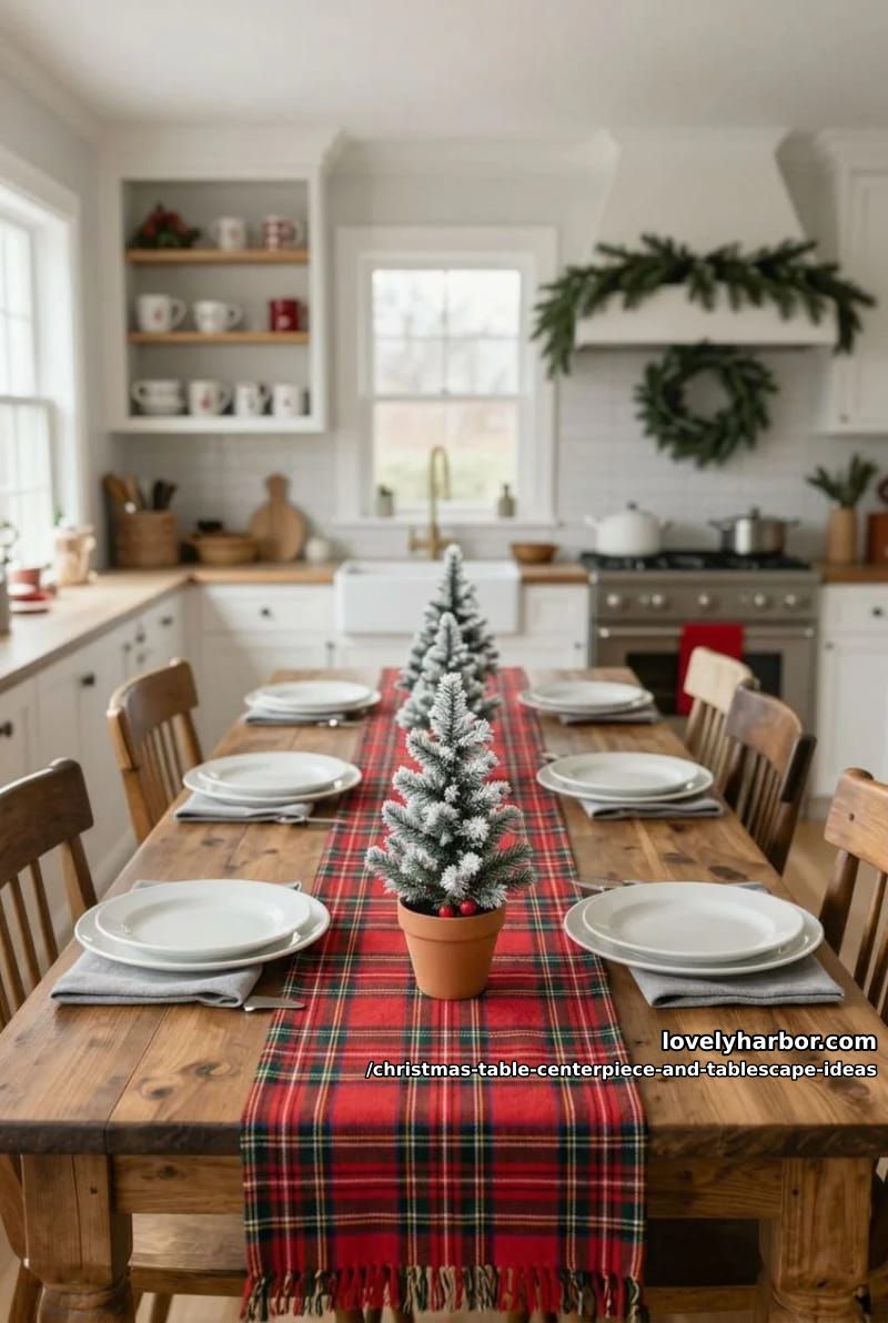 12 Christmas Table Centerpiece and Tablescape Ideas (and the One Rule That Makes Them Work) 21 march a row of potted mini frosted trees down the table 20