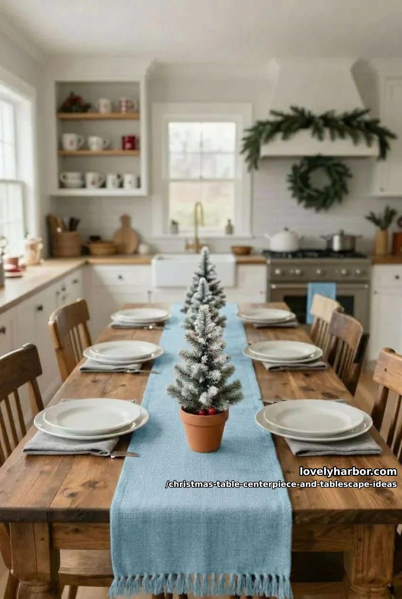 12 Christmas Table Centerpiece and Tablescape Ideas (and the One Rule That Makes Them Work) 22 march a row of potted mini frosted trees down the table 21